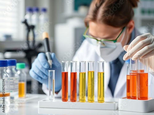 A close-up image of a laboratory table with various vials, test tubes, and equipment used for toxicology add agent alternative analysis anti aging assistant research, equipment, add agent