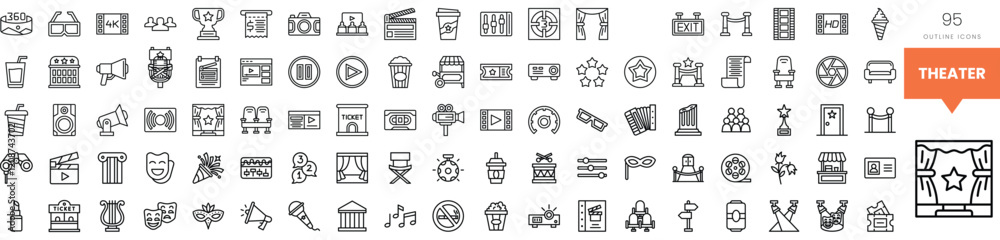 A collection of black-and-white theater-themed icons representing various activities. A collection of black-and-white theater-themed icons representing various activities.