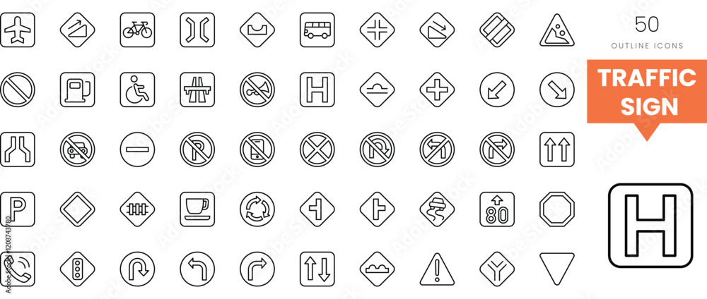 Collection of various traffic signs in outline style, suitable for transportation graphics. Collection of various traffic signs in outline style, suitable for transportation graphics.