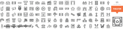 A collection of black-and-white theater-themed icons representing various activities.