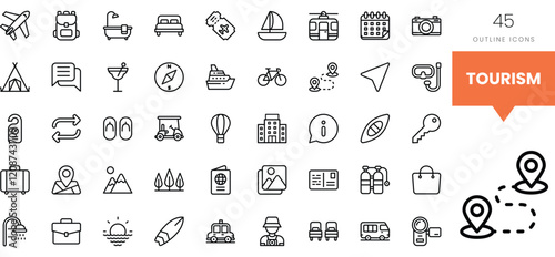 A diverse collection of tourism-themed outline icons, showcasing travel elements.