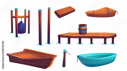 Wooden boats, dock, and barrels at a harbor; illustration for nautical designs