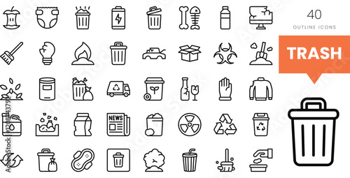 A collection of 40 outline icons representing various trash and recycling symbols.