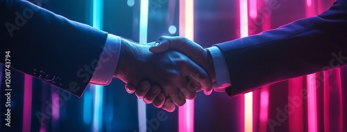 Two businessmen shaking hands against a vibrant neon background.