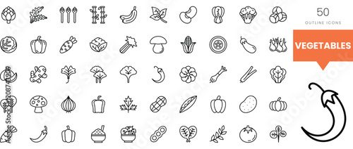 A collection of 50 outline icons representing various vegetables in a monochrome design.