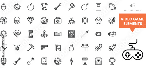 Collection of minimalist outline icons representing various video game elements.
