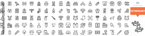 A collection of veterinary-themed outline icons showcasing various pet care elements.