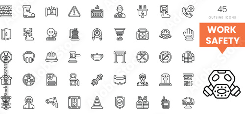 Collection of work safety icon outlines illustrating essential safety measures.