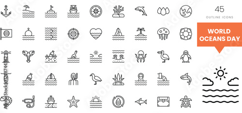 Collection of ocean-themed outline icons for World Oceans Day celebration.