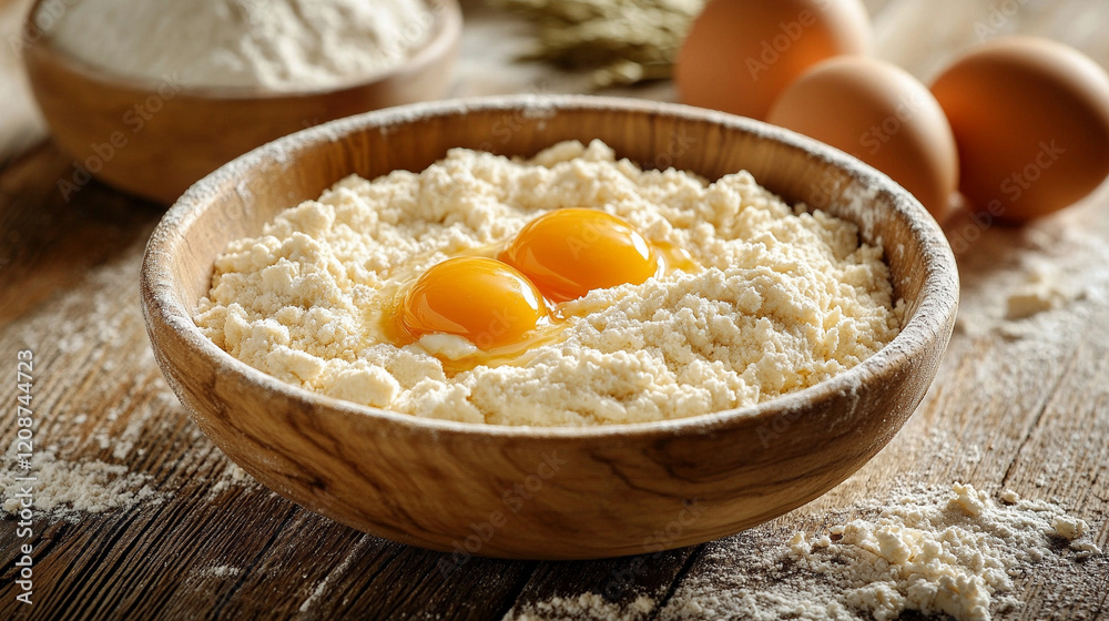 Eggs cracked into flour on a wooden counter with scattered flour, butter, and sugar during a minimalistic baking process in a modern bright space, blurred background, empty caption area on the side
Eggs cracked into flour on a wooden counter with scattered flour, butter, and sugar during a minimalistic baking process in a modern bright space, blurred background, empty caption area on the side
