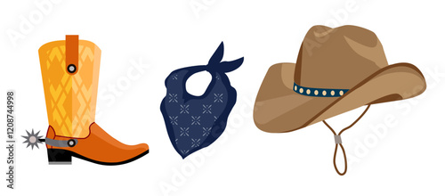 A cowboy boot with a spur, a blue bandana, and a brown cowboy hat with a strap. Ideal for Western-themed events, cowboy culture, outdoor adventures, wild west promotions, and fashion or vintage