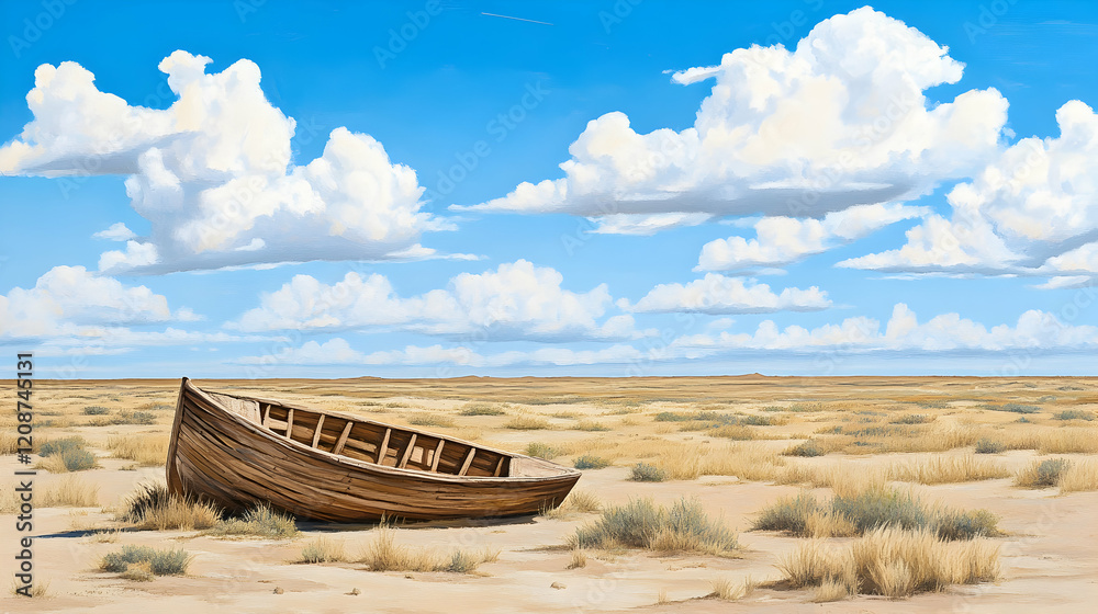 Abandoned wooden boat on dry, desert landscape under a bright blue sky with fluffy clouds; ideal for travel, adventure, or environmental themes Abandoned wooden boat on dry, desert landscape under a bright blue sky with fluffy clouds; ideal for travel, adventure, or environmental themes