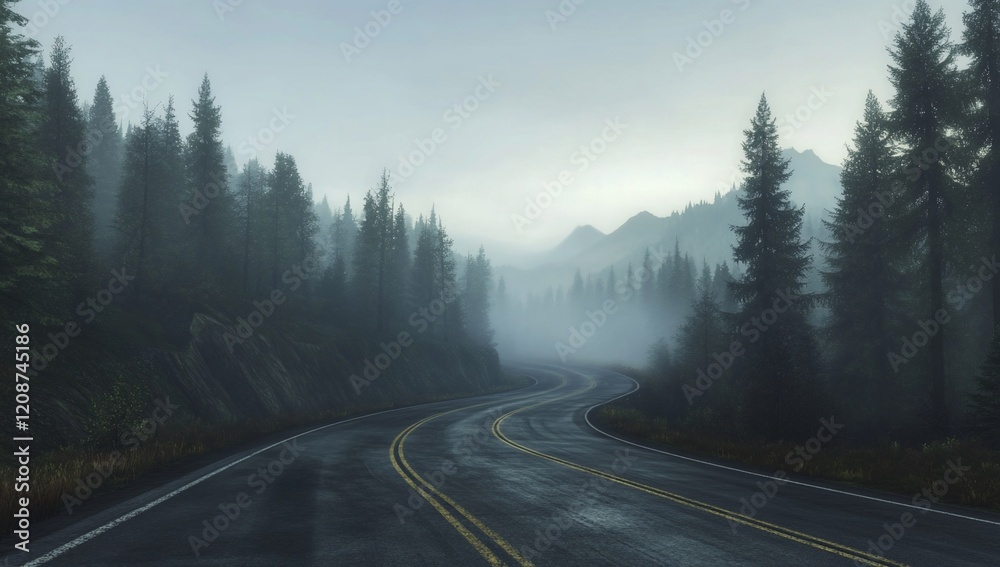 Winding road through misty mountain forest. Winding road through misty mountain forest.