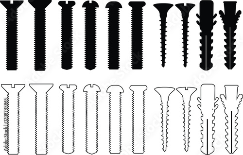 Nuts , screws, rivets, and bolts con set. Equipment stainless, fasteners, metal fixation gear black line and flat vector collection isolated on transparent background. Building tools construction sign