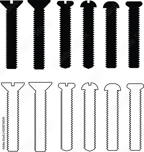 Nuts , screws, rivets, and bolts con set. Equipment stainless, fasteners, metal fixation gear black line and flat vector collection isolated on transparent background. Building tools construction sign