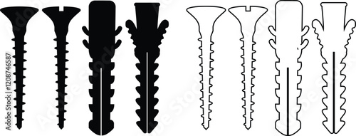 Nuts , screws, rivets, and bolts con set. Equipment stainless, fasteners, metal fixation gear black line and flat vector collection isolated on transparent background. Building tools construction sign