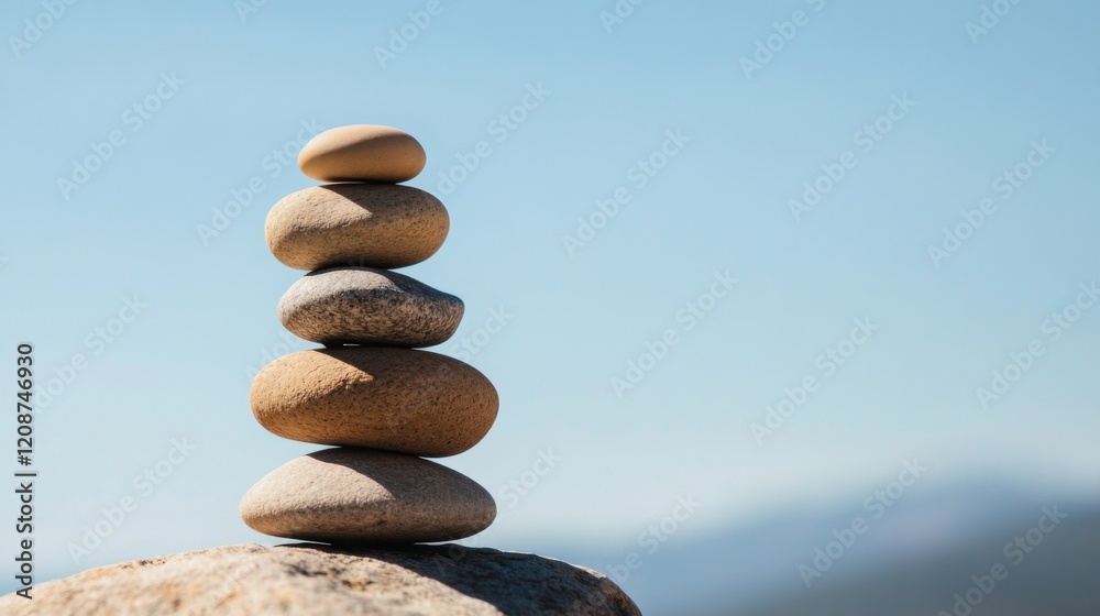 Stacked stones on rock against a clear blue sky. Stacked stones on rock against a clear blue sky.