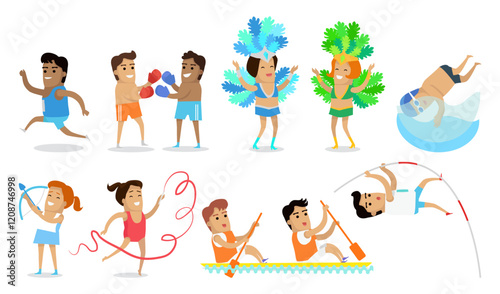 Children engage in various outdoor activities including running, boxing, cheerleading, swimming, archery, rope skipping, kayaking, and pole vaulting. Ideal for summer camps, physical education
