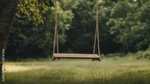 Wooden swing hanging from tree in lush green field.