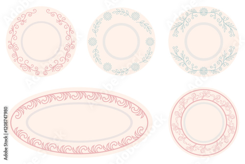 Set of ethnic dishes and plates, interior decoration, table setting. Background plates on wall. Isolated dish top view, menu designs ethnic plates. Porcelain crockery with abstract floral ornament