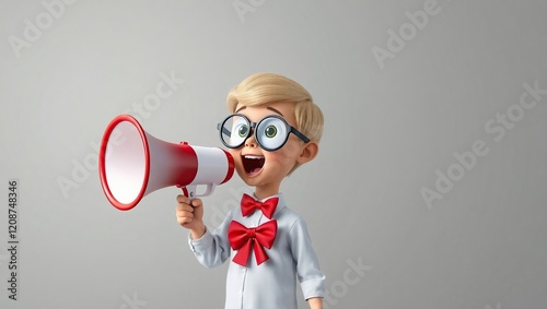 Cartoon Boy Announcing with a Red Megaphone