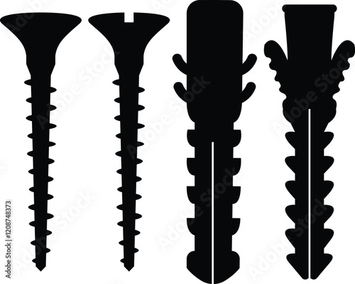 Nuts , screws, rivets, and bolts con set. Equipment stainless, fasteners, metal fixation gear black line and flat vector collection isolated on transparent background. Building tools construction sign
