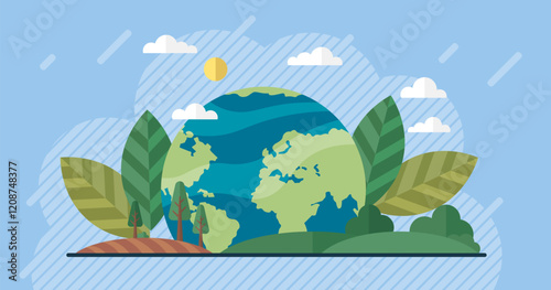 A stylized Earth with green continents and blue oceans is surrounded by large leaves and clouds under the sun. Ideal for themes of environmental protection, sustainability, nature conservation