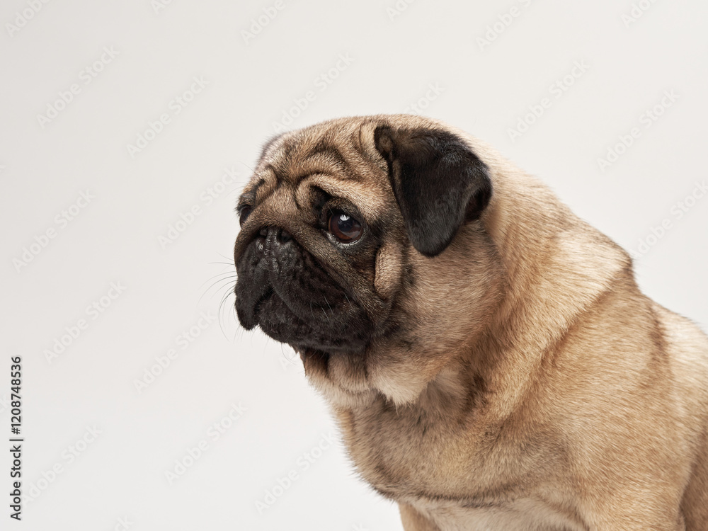 A pug is captured in side profile in a studio against a white background. The focus is on the dog expressive features and distinctive wrinkled face. A pug is captured in side profile in a studio against a white background. The focus is on the dog expressive features and distinctive wrinkled face.