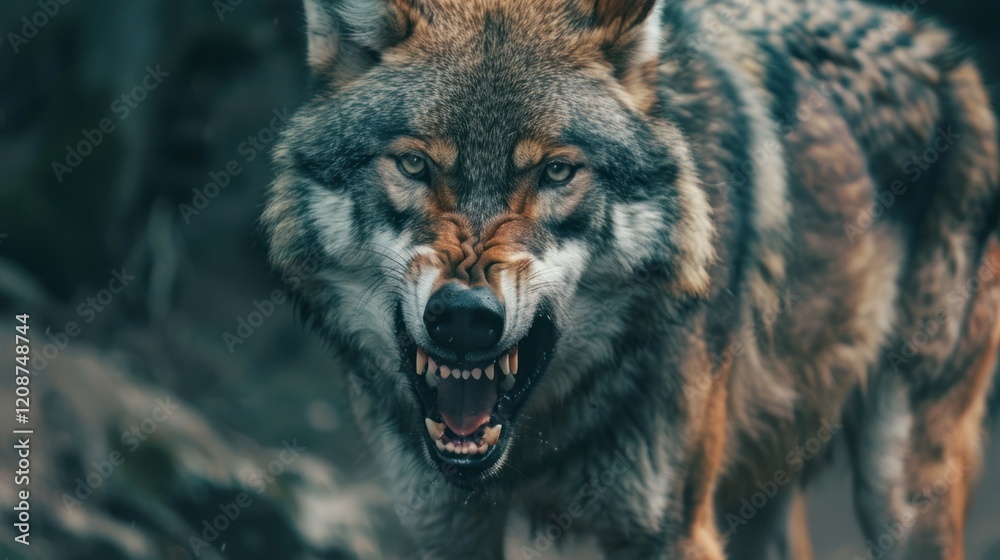 Obraz premium Angry wolf showing scary teeth, AI generated image