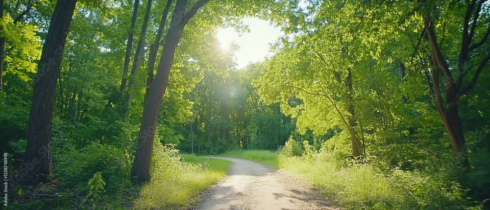 Fototapeta premium Sunny forest path, nature trail, summer woods
