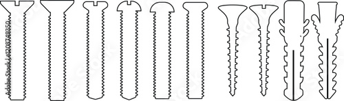 Nuts , screws, rivets, and bolts con set. Equipment stainless, fasteners, metal fixation gear black line and flat vector collection isolated on transparent background. Building tools construction sign