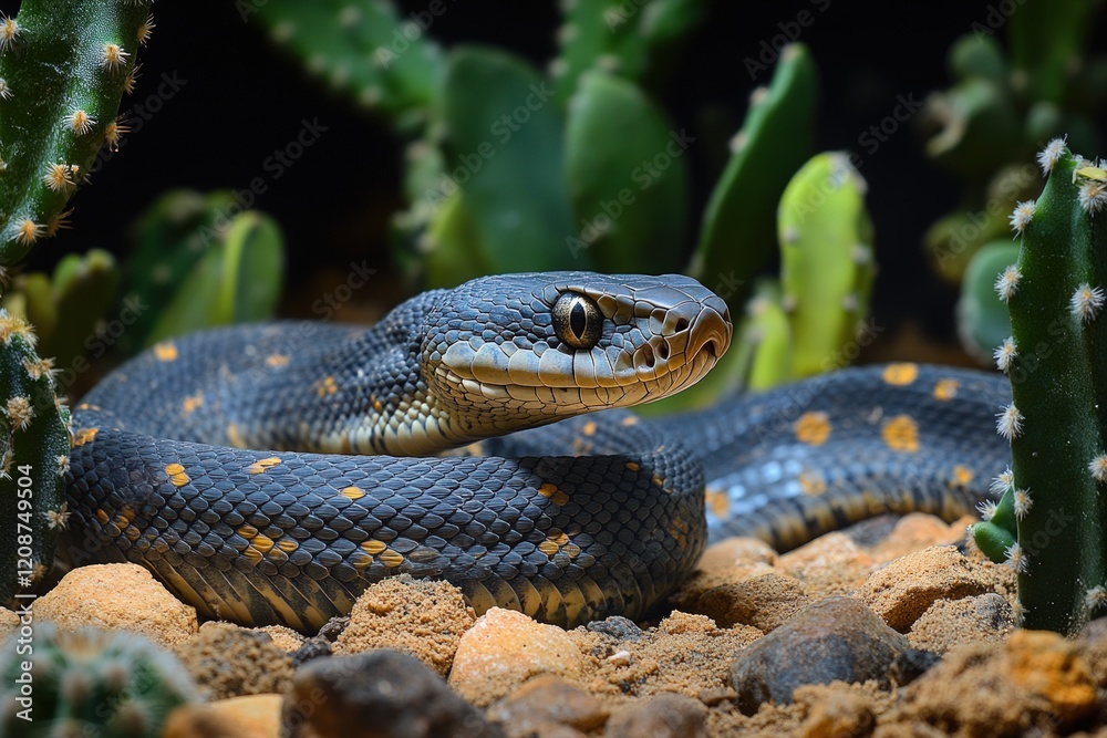 Dark snake, yellow spots, cactus, gravel. Dark snake, yellow spots, cactus, gravel.