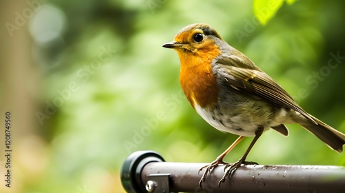 a robin perched on a garden fence  photo