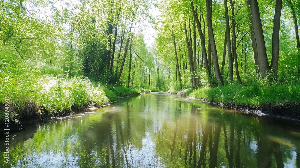 Sunny forest stream, tranquil nature scene, peaceful background, ideal for relaxation Sunny forest stream, tranquil nature scene, peaceful background, ideal for relaxation