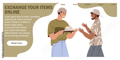 Exchange your items landing page template with two young social and eco responsible guys at fashion swap party changes his hat. Reduce and reuse concept. Idea of exchange your old wardrobe for new