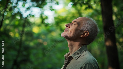 Man enjoying nature in peaceful forest during daylight with closed eyes