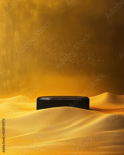 Black Display Object on Golden Sand with Soft Light Background