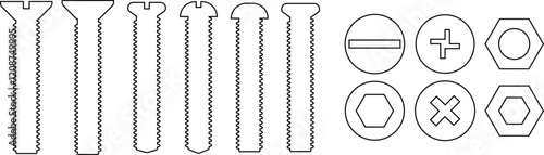 Nuts , screws, rivets, and bolts con set. Equipment stainless, fasteners, metal fixation gear black line and flat vector collection isolated on transparent background. Building tools construction sign