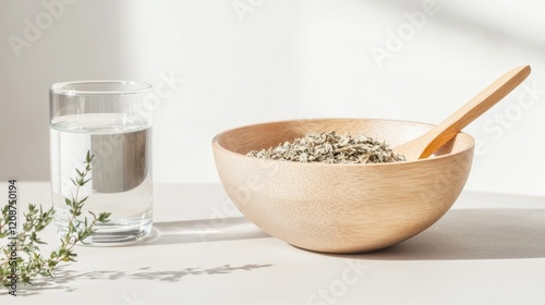 Natural Antiviral Medicine with Herbal Remedies. Natural herbs in a wooden bowl with water and greenery in a bright setting. photo