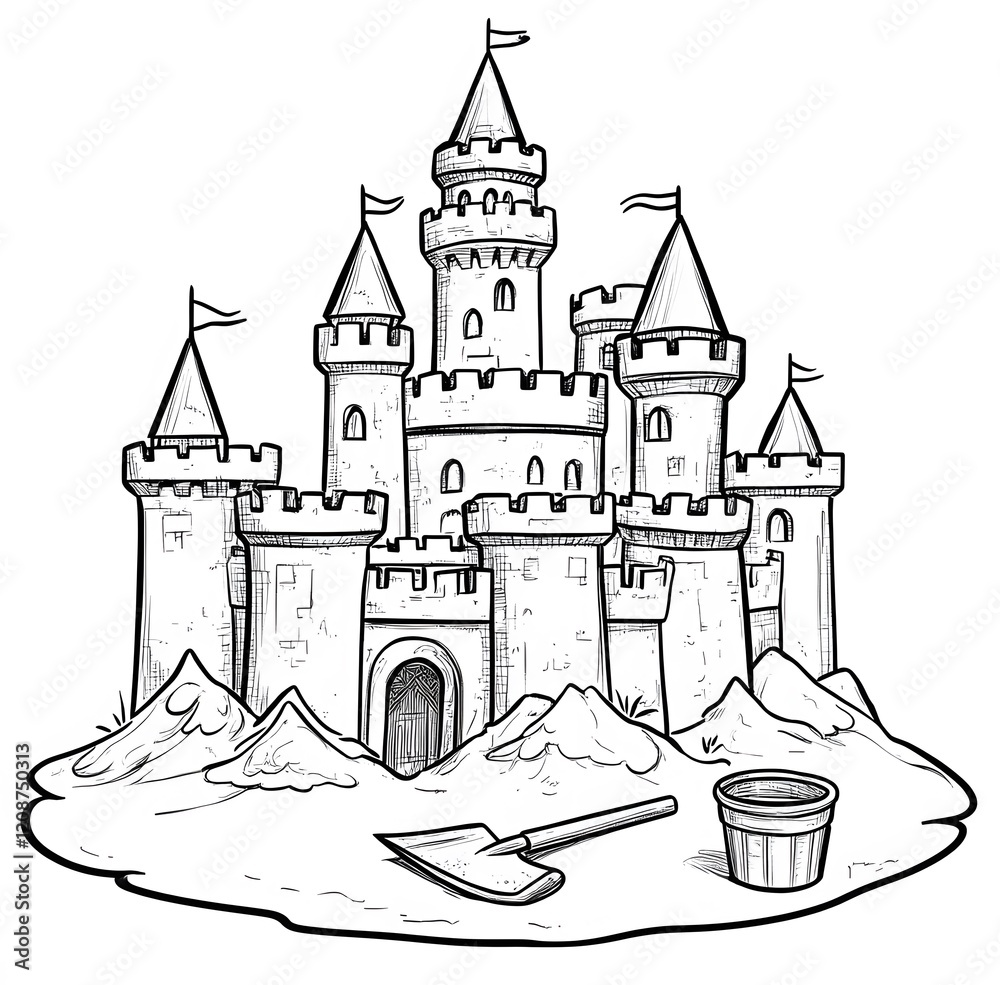 Fototapeta premium A Sandcastle Illustration With Shovel and Bucket