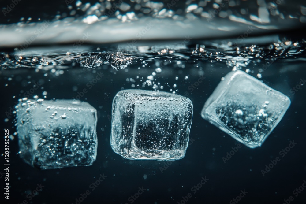 Three ice cubes submerged in water, bubbles rising. Perfect for refreshing drink concepts, illustrating purity, or cool themes. Three ice cubes submerged in water, bubbles rising. Perfect for refreshing drink concepts, illustrating purity, or cool themes.