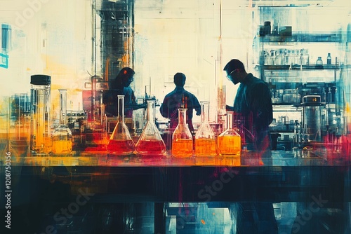 In a well-equipped chemical laboratory, a group of researchers engages in experiments with glassware filled with vibrant liquids. The space is visibly busy as they collaborate on their tasks