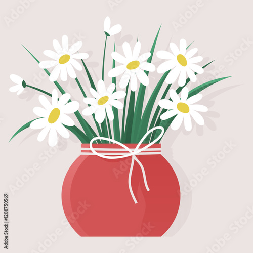 A red vase holds a bouquet of white daisies with green stems, tied with a white ribbon. Ideal for home decor, simplicity, nature themes, elegant design, and cheerful ambiance. Soft pastel style