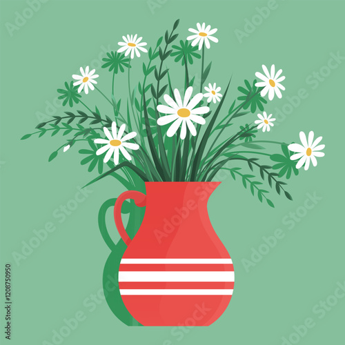 Bouquet of chamomiles, blooming garden plants for interior decoration in red ceramic vase. Branches with beautiful white daisies flowers in pot. Elegant spring season romantic bouquet holiday gift