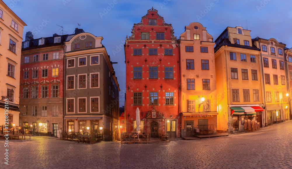 Stortorget square and famous beautiful historical buildings at night, Stockholm, Sweden Stortorget square and famous beautiful historical buildings at night, Stockholm, Sweden