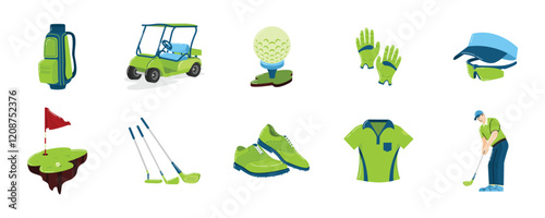 Golf Equipment Icons set and Sporting Activities, golf elements illustration collection set