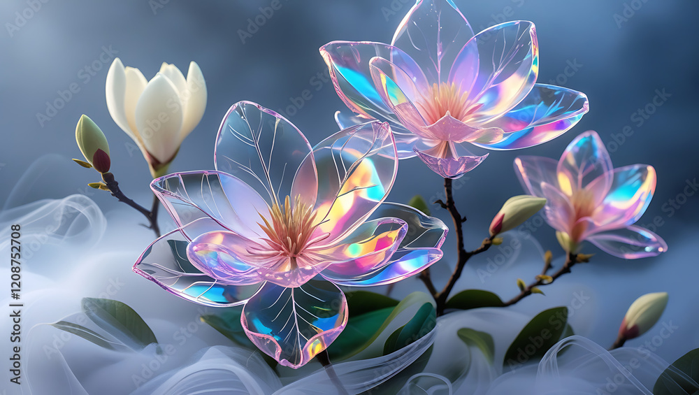 Fototapeta premium beautiful light spectrum magnolia flowers, created by generative ai