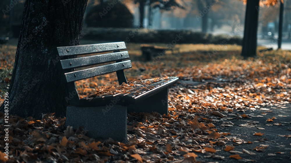 Quiet park bench surrounded by autumn leaves in the early morning light