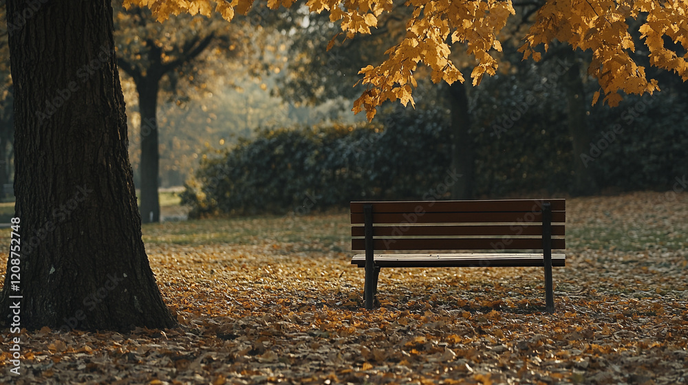 Colorful autumn park with a lonely bench surrounded by fallen leaves and trees Colorful autumn park with a lonely bench surrounded by fallen leaves and trees