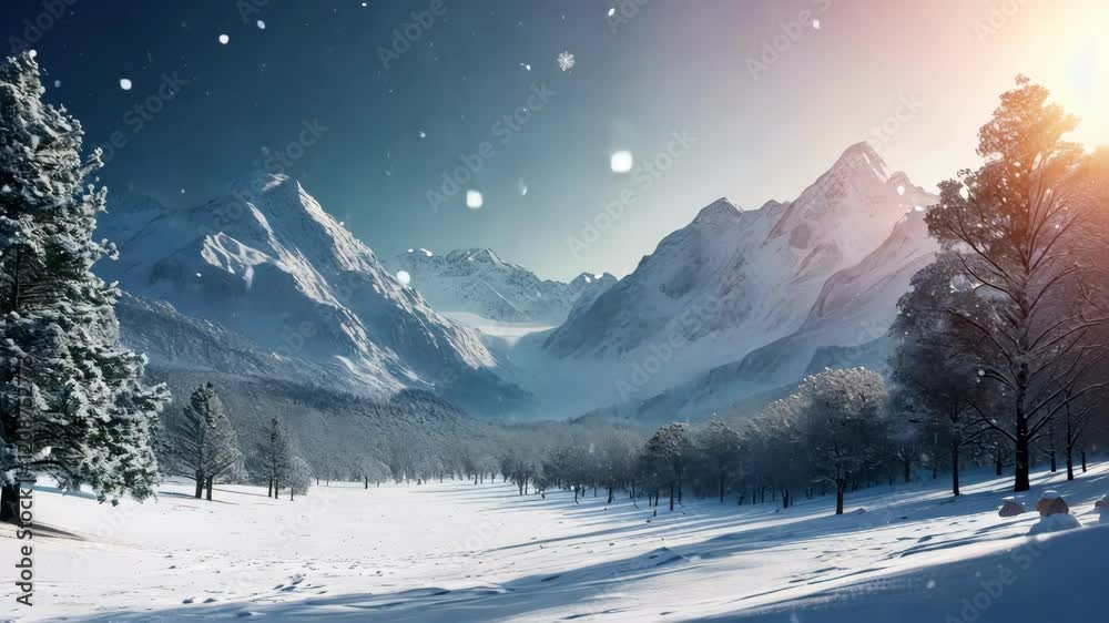 Winter landscape with majestic mountains and serene snowfall